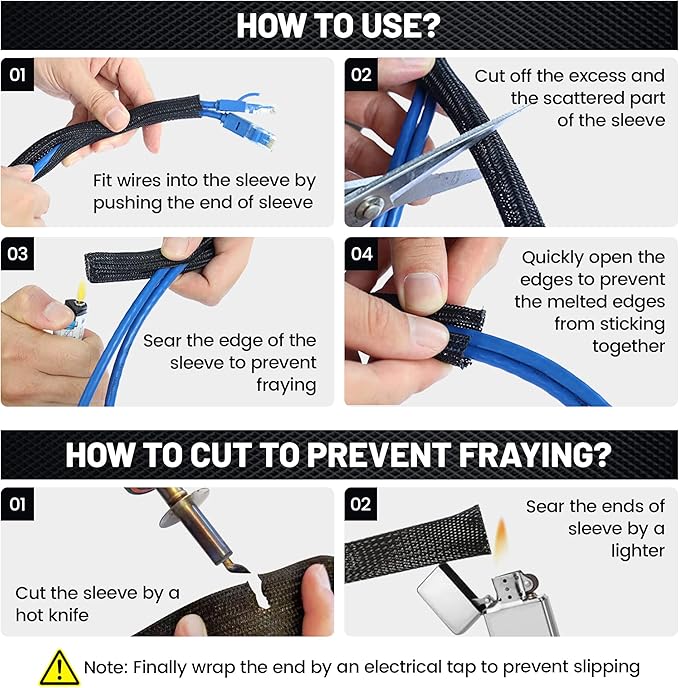 RED WOLF Cable Sleeves Cord Management Braided Wire Loom Split Sleeving 3/8 Inch x 10 FT Protector Wiring Cable Cover Flexible Self-Wrap for Automotive Home Office Anti-Scratch High-Temperature Black