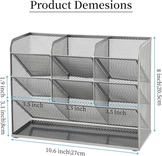 Marbrasse Mesh Desk Organizer, Multi-Functional Pen Holder, Desktop Stationary Organizer, Storage Rack for School, Home, Office, Art Supplies (Mesh Pen Holder-Silver)