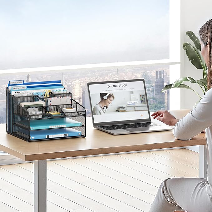Lavatino Desk Organizer - Metal Mesh with 2 Paper Letter Trays, 7 Flexible Dividers, 2 Vertical File Holders for Office/Home/Classroom Supplies, Desk Organizers and Accessories, Black