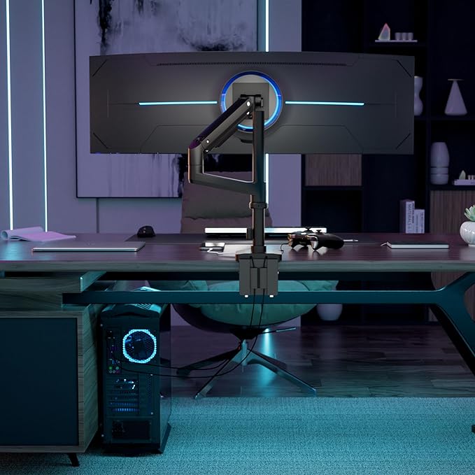 Mount-It! Proflex Series Height-Adjustable Ultrawide Monitor Arm with Pole, Fits 17–49” Screens, Gas Spring, 44 lbs Capacity, USB-C & USB 3.0 Ports, Full Motion, VESA 75/100, Clamp or Grommet
