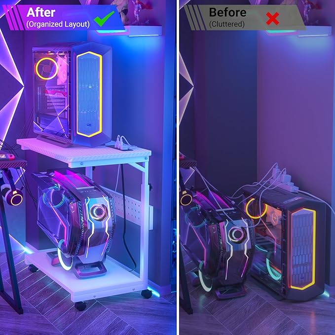 Computer Tower Stand with Power Strips, 4 Levels Manual Height Adjustable PC Tower Stand for Under Desk, Mobile Rolling CPU Holder, Computer Cart with Wheels, 24", Carbon Fiber White