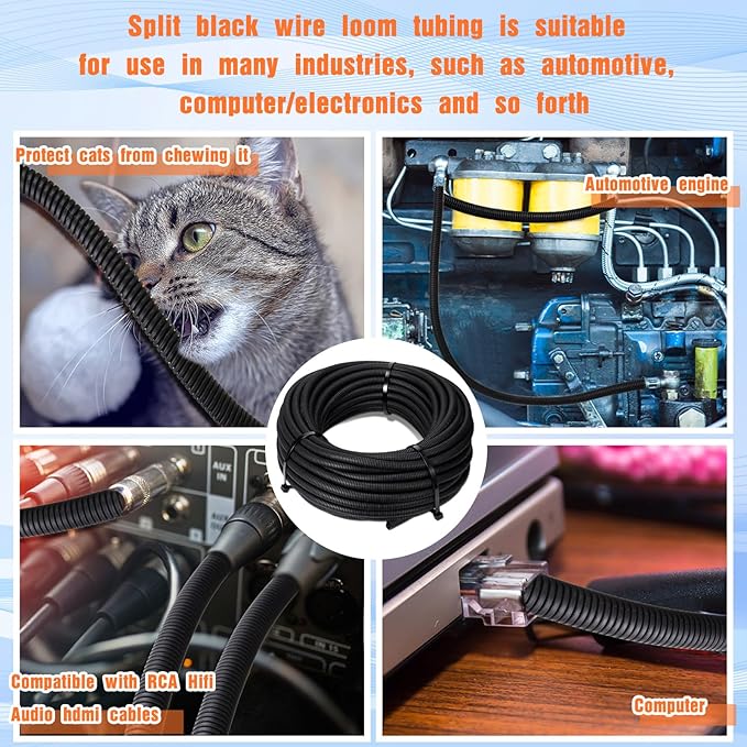 Sasylvia 1/2" X 500 ft Split Wire Loom Cord Protector Tubing Split Conduit Protector Tubing Convoluted Tube Flexible Electrical Wire Cover Protective Sleeves(Black)
