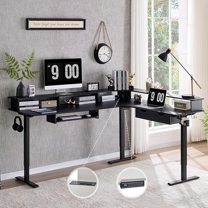 RedLemon 75X60 Inches L Shaped Electric Standing Desk, Height Adjustable Corner Gaming Desk with Drawers, Power Outlets & LED Lights, Computer Desk with Monitor Shelf, Carbon Fiber Black