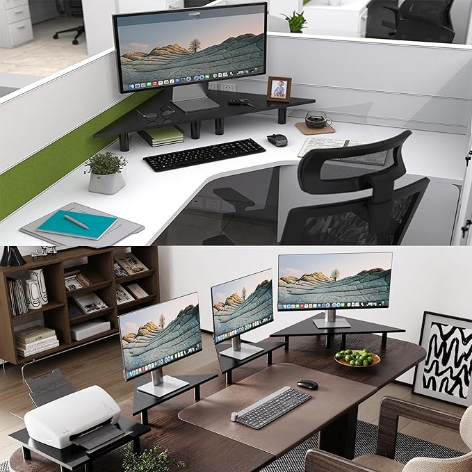 2 Pack White Corner Monitor Stand, Triangle/Square Adjustable Height Riser, 27-inch Universal Desktop Shelf for Computer, Laptop, PC, iMac, Printer (Black)