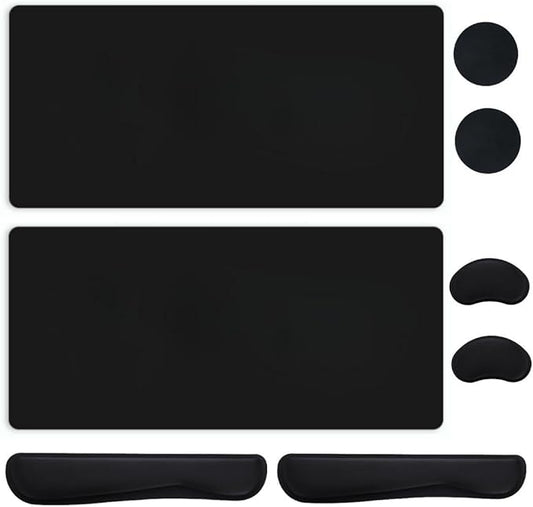 8-Piece Large Mouse Pad and Keyboard Support Set Memory Foam Keyboard Mouse Wrist Rest Combo & Cup Holders - Non-Slip PU Leather Desk Protector Mat for Office/Home/Gaming Setup (Black)