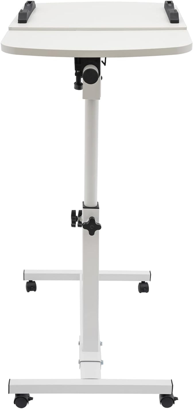 Rolling Laptop Desk Stand, Main Side Table Desktop for Bed, Portable Overbed Bedside Mobile Laptop Table, Rolling Adjustable Height Standing Desk Tiltable Desktop
