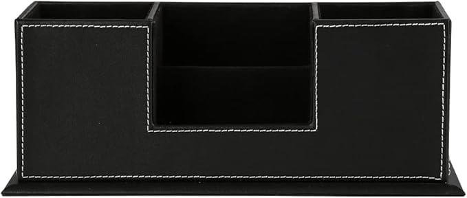 KINGFOM Office Supplies Desk Organizer PU Leather Storage Box 4 Divided Compartments for Pen Business Card Remote Control Mobile Phone Cosmetics Collection Holder (Black)