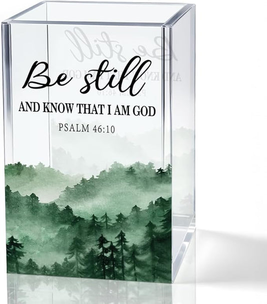 Be Still And Know That I Am God Acrylic Pencil Holder Cup, Christian Pen Holder for Desk, Christian Gifts for Women Girls, Bible Verses Clear Cosmetic Holder for Home Office Desk Accessories