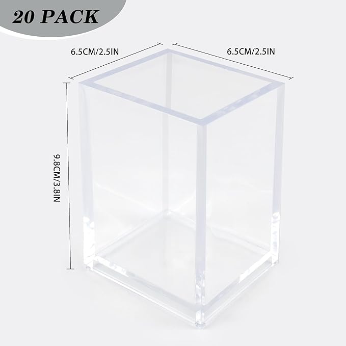 20 Pack Clear Acrylic Pen Holder for Desk, Pencil Cup Makeup Brush Organizer, Square Acrylic Pencil Holders for Office School Home Supplies, Desktop Stationery Organizer for Pens Markers Brushes