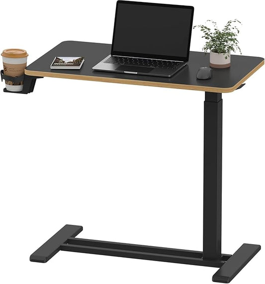 SANODESK Mobile Standing Desk with Hidden Wheels,Pneumatic Laptop Desk Rolling Computer Cart Movable Height Adjustable Small Sit Stand Desk for Home Office(27.6" W x 15.7" D, Black+Maple Band)