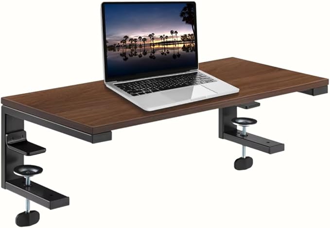Ergonomic Clamp-On Laptop and Computer Monitor Riser Stand with Drawer, 21.6 x 9.8 inch - Dark Brown|Laptop Stand for Desk, Monitor Riser, Desk Organizer, Office Desk Home Workspace