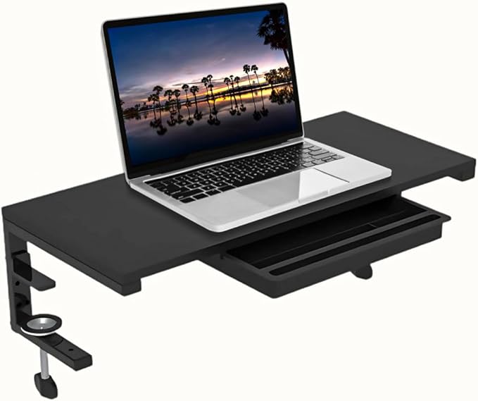 Ergonomic Clamp-On Laptop and Computer Monitor Riser Stand with Drawer, 21.6 x 9.8 inch - Black |Laptop Stand for Desk, Monitor Riser, Desk Organizer, Office Desk Home Workspace