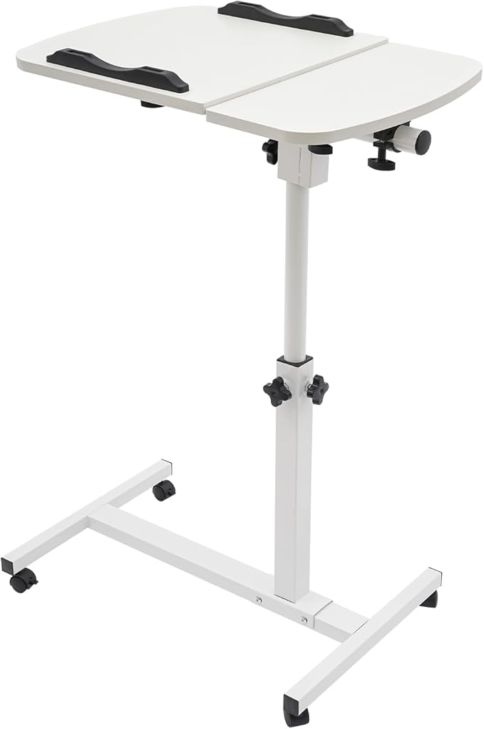 Rolling Laptop Desk Stand, Main Side Table Desktop for Bed, Portable Overbed Bedside Mobile Laptop Table, Rolling Adjustable Height Standing Desk Tiltable Desktop