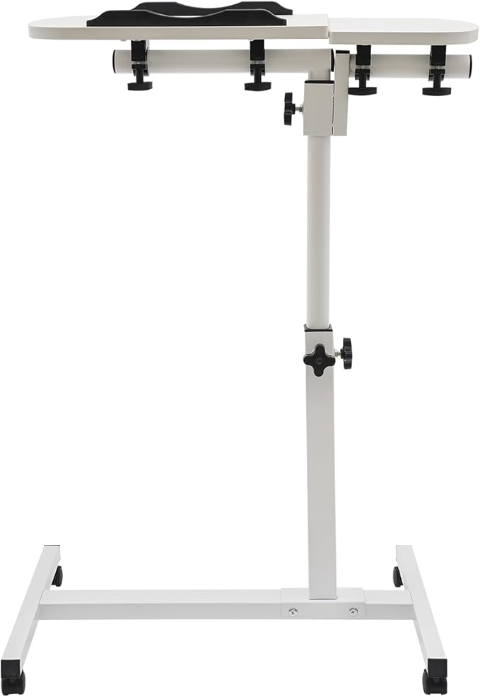 Rolling Laptop Desk Stand, Main Side Table Desktop for Bed, Portable Overbed Bedside Mobile Laptop Table, Rolling Adjustable Height Standing Desk Tiltable Desktop