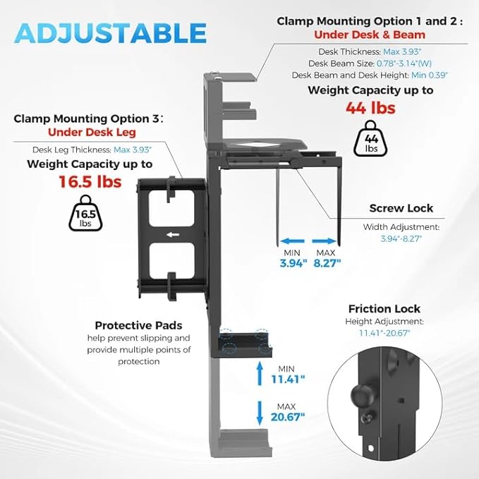 Suptek Clamp-on Desk or Desk Leg PC Mount,Adjustable Height and Width,CPU Under Desk Table Beam PC Mount Bracket Computer Tower Wall and Under Counter Holder