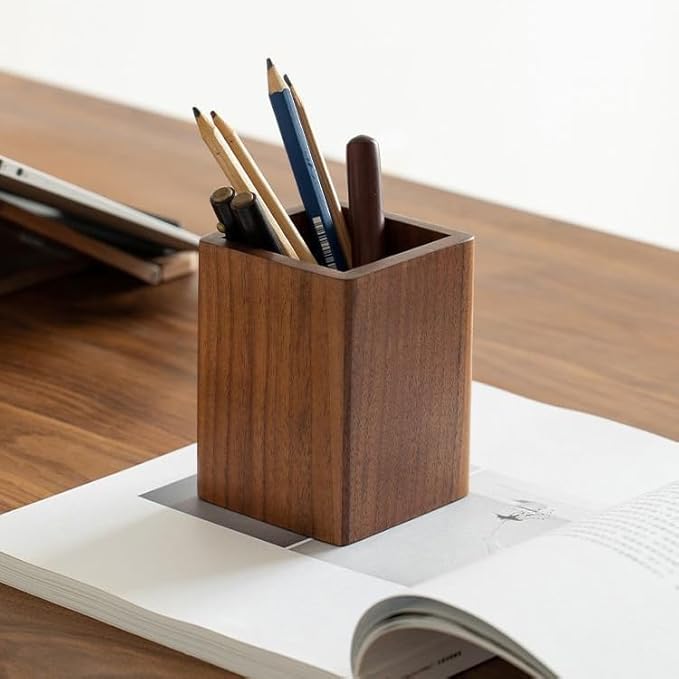 Wooden Pen Holder for Desk, Multi-Functional Pen Cup Pencil Holder for Office School Supplies Storage, Black Walnut Desk Organizer and Accessories（Square）
