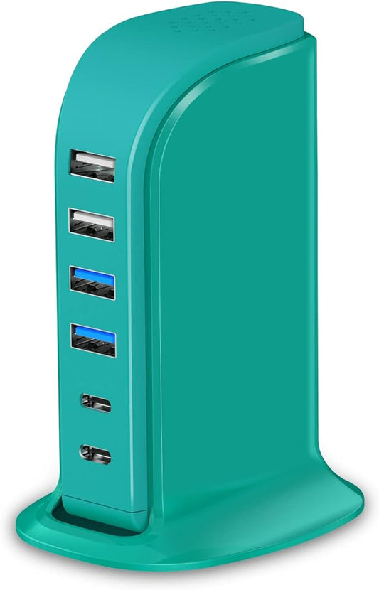 USB Charger Block Upoy, Charging Station for Multiple Devices Apple, USB Hub Power Strip Multiple Ports, Power Block Adapter for Phone, Tablet, Ear Buds, C Charger Block with 5ft Extension Cord