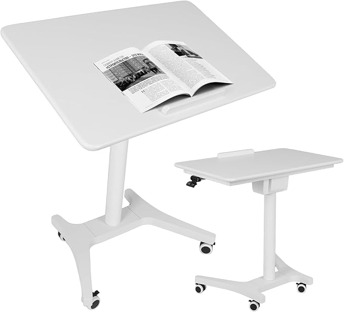 Mobile Sit Stand Laptop Desk with Wheels - Height Adjustable Pneumatic Rolling Workstation, Foldable Solid Wood Home Office Table