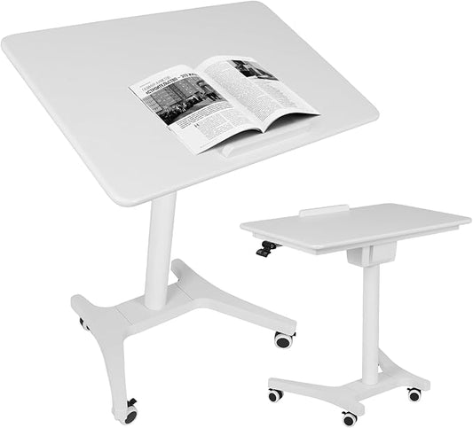 Mobile Sit Stand Laptop Desk with Wheels - Height Adjustable Pneumatic Rolling Workstation, Foldable Solid Wood Home Office Table