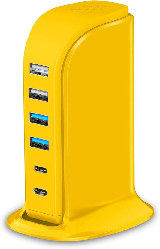45W USB Charging Station, 6-Port Hub with 4 USB-A & 2 USB-C Ports, 5ft Cable, Yellow