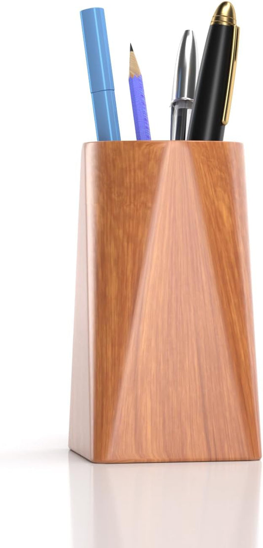 Wooden Pen Holder for Desk - Pencil Cup for Office School Supplies Storage, Natural Wooden pencil cup for students