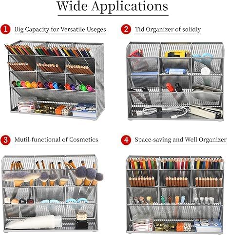 Marbrasse Mesh Desk Organizer, Multi-Functional Pen Holder, Desktop Stationary Organizer, Storage Rack for School, Home, Office, Art Supplies (Mesh Pen Holder-Silver)