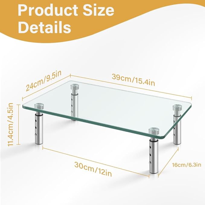 Clear Glass Desk Stand 2 Pack Computer Monitor Riser with Height Adjustable Multi Media Monitor Stand Desktop Flat for Laptop TV Computer