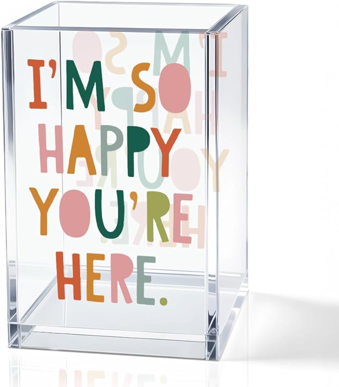 I'm So Happy You're Here Acrylic Cosmetic Pencil Holder Cup, Funny Boho Pen Holder for Women, Home Office Classroom Desk Accessories, Inspirational Gifts for Daughter, Make up Brush Organizer