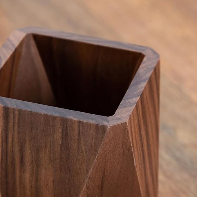 Wooden Pen Holder for Desk, Multi-Functional Pen Cup Pencil Holder for Office School Supplies Storage, Black Walnut Desk Organizer and Accessories（Prismatic）