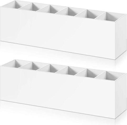 2 Pack Acrylic Makeup Brush Holder 6 Compartments Pencil Organizer Cup Pencil Holder for Desk Pen Organizer Storage Pen Holder for Accessories Cosmetic Brushes Office Bathroom Kitchen Supplies (White)