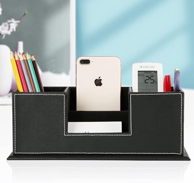 KINGFOM Office Supplies Desk Organizer PU Leather Storage Box 4 Divided Compartments for Pen Business Card Remote Control Mobile Phone Cosmetics Collection Holder (Black)