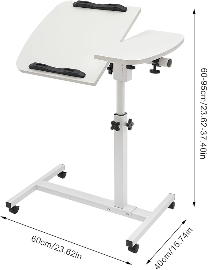 Rolling Laptop Desk Stand, Main Side Table Desktop for Bed, Portable Overbed Bedside Mobile Laptop Table, Rolling Adjustable Height Standing Desk Tiltable Desktop