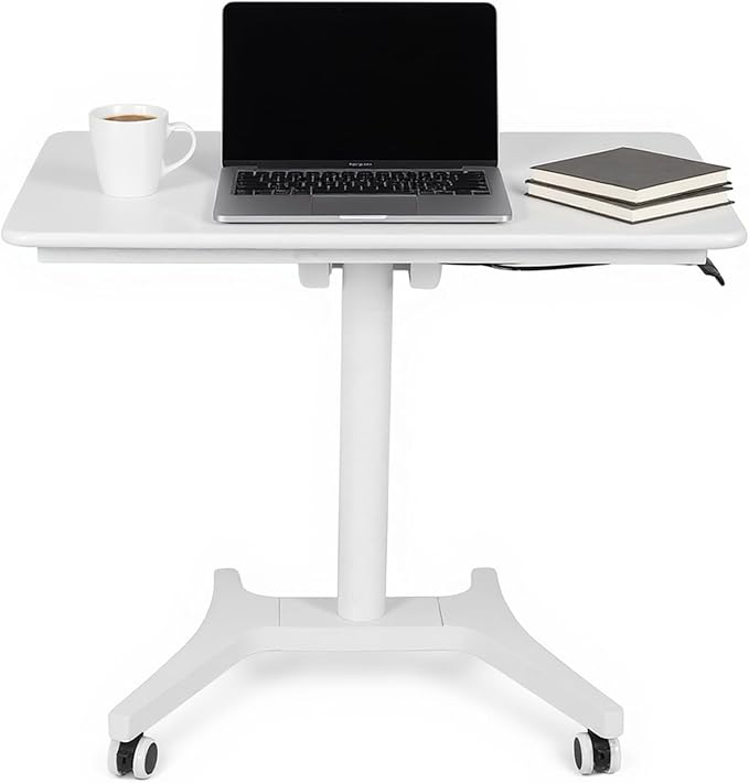 Mobile Sit Stand Laptop Desk with Wheels - Height Adjustable Pneumatic Rolling Workstation, Foldable Solid Wood Home Office Table