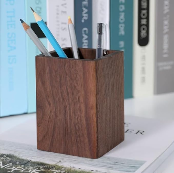 Wooden Pen Holder for Desk, Multi-Functional Pen Cup Pencil Holder for Office School Supplies Storage, Black Walnut Desk Organizer and Accessories（Square）