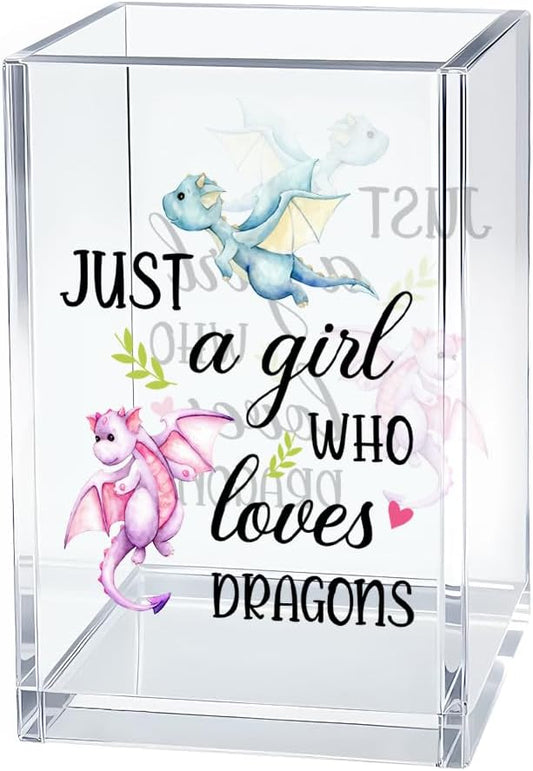 Just A Girl Who Loves Dragons Acrylic Cosmetic Organizer Pen Holder, Funny Acrylic Desk Holder Cup for Pen Pencil, Christmas Birthday Gifts for Dragon Lovers Daughter Lady Women Coworker Boss