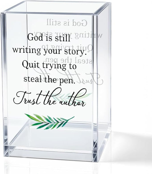 God Is Still Writing Your Story Acrylic Cosmetic Pencil Holder Cup, Christian Pen Holder for Desk, Christian Gifts for Women Girls, Inspirational Gifts for Family Friends Colleagues