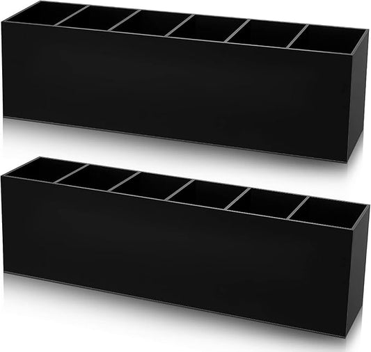 2 Pack Acrylic Makeup Brush Holder 6 Compartments Pencil Organizer Cup Pencil Holder for Desk Pen Organizer Storage Pen Holder for Accessories Cosmetic Brushes Office Bathroom Kitchen Supplies (Black)