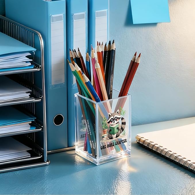 One More Chapter Acrylic Pencil Holder Cup, Book Lover Gifts for Women, Funny Reading Raccoon Desk Organizer and Accessories for Raccoon Lover Bookish Bookworms Readers, Pen & Bookmark Holder
