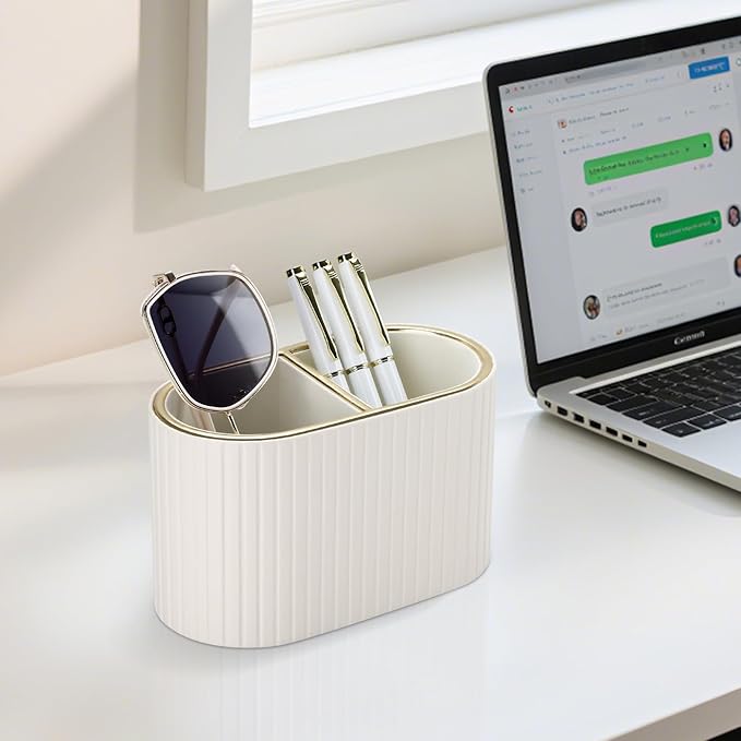 KINGFOM PU Leather Desk Organizer Pen Holder – Dual-Compartment Stylish Pencil Cup Remote Control Holder Desktop Supplies and Accessories Organizer Caddy for Office Home School (Light Beige)