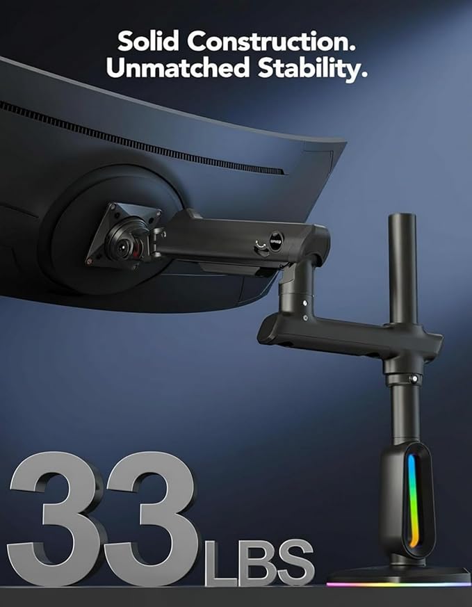 HUANUO RGB Heavy Duty Monitor Arm for Ultrawide Screens up to 34", Holds 33 lbs, Tall Ultrawide Monitor Stand with 29.1" Max Height, Fully Adjustable Single Computer Desk Mount, Max VESA 100x100mm
