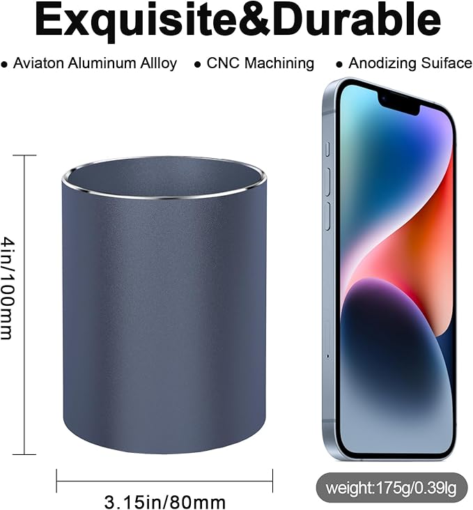 Metal Pen Holder Aluminum Pencil Holder Desktop Organizer Black for Office, School, Home 3.15 x 3.15 x 3.94 Inches-Grey