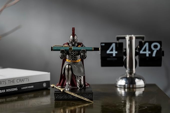 Roman Praetorian Prefect Warrior Knight Pen Holder Desk Ornament Resin Praetorian Guard Mobile Phone Stand Desk Accessories and Organizer for Office with a Letter Opener (Iron)
