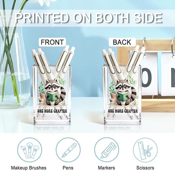 One More Chapter Acrylic Pencil Holder Cup, Book Lover Gifts for Women, Funny Reading Raccoon Desk Organizer and Accessories for Raccoon Lover Bookish Bookworms Readers, Pen & Bookmark Holder