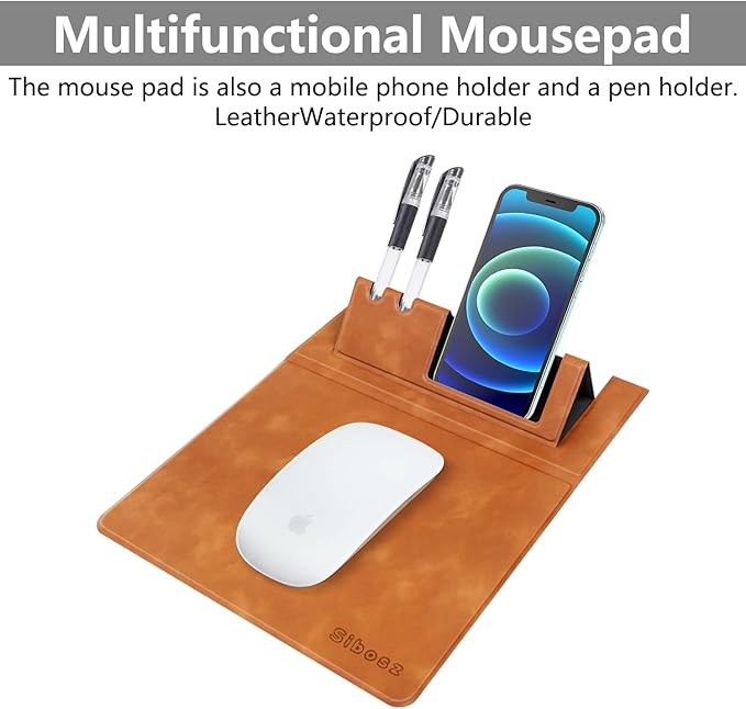 Premium PU Leather 3-in-1 Mouse Pad with Phone Stand and Pen Holders, 9.7x7.7 inches Organizer Desk Mat for Reception counters and Home Office (Brown 1Pack)