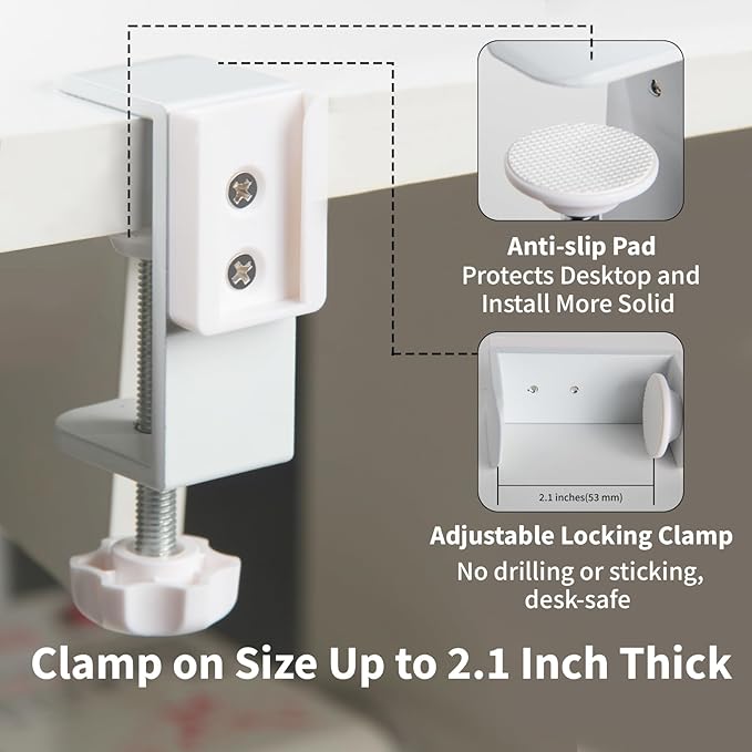 OOKUU 3-in-1 Desk Organizer - Large Desk Cup Holder Clamp, Pencil Holder and Phone Stand - Detachable Anti-Spill Table Cup Holder, Office & PC Gaming Desk Accessories for Cup, Phone and Pen (White)