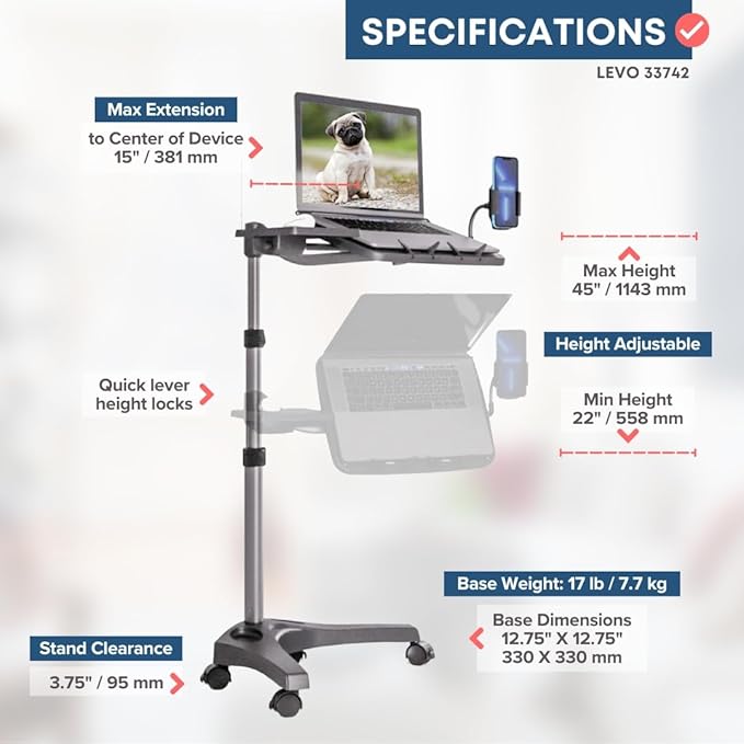 LEVO G2 V16 Rolling Laptop Workstation Stand Cart with Mouse Tray and Phone Holder for Bed Couch Recliner or Chair, Adjustable Mobile Desk for Remote Office Reading and Study