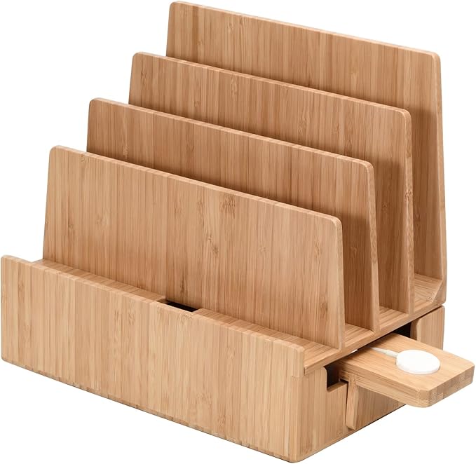MobileVision Slim Bamboo Charging Station & Compatible Adapter for Apple Watch Multi Device Organizer, Smartphones, Tablets, Laptops & More