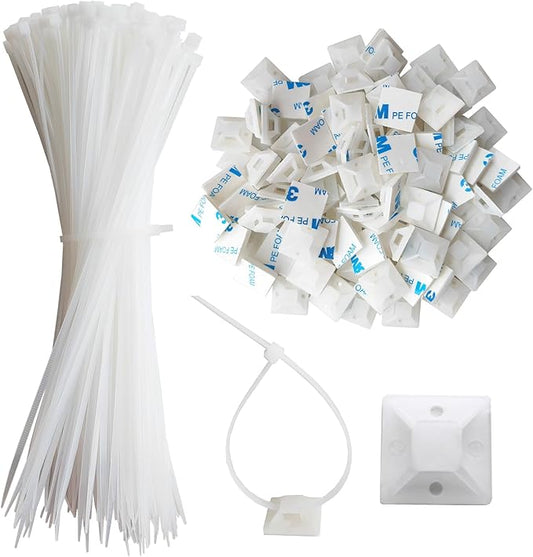 340 Pcs Self Adhesive Cable Zip Tie Mounts Set | 170 Pcs Cable Tie Mounting Base,3/4" | 170 Pcs Zip Ties,8" | White,Cable Clip,Wire Management Clips,Wall Ties Fixing Mount,Wire Holders for Cables