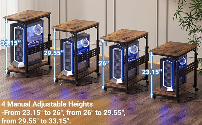 Computer Tower Stand with Power Strips, 4 Levels Manual Height Adjustable PC Tower Stand for Under Desk, Mobile Rolling CPU Holder, Computer Cart with Wheels, 24", Rustic Brown