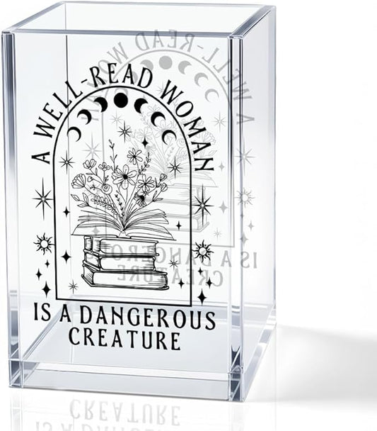 A Well-read Woman Is A Dangerous Creature Acrylic Pencil Holder Cup, Funny Floral Books Desk Organizer for Book Lover Bookish Bookworms Readers, Women Empowerment Gifts for Mom Sister BFF